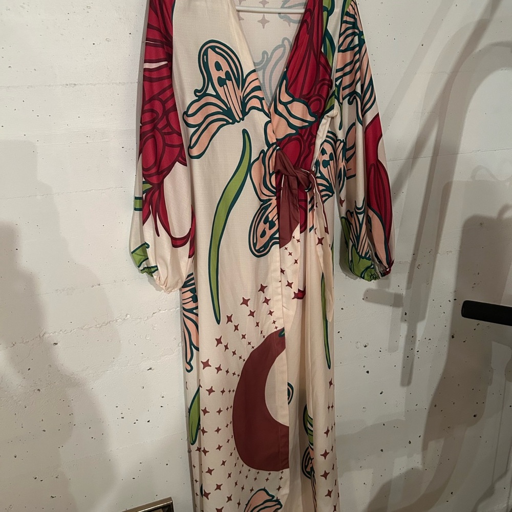 Floral Wrap Dress with Red and Green Accents